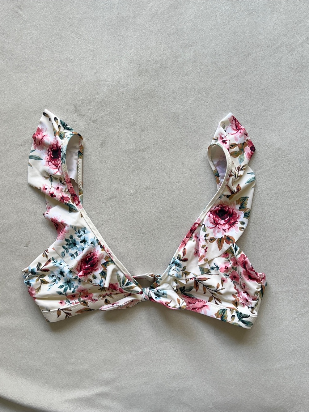 Tori Praver Swimwear Cream Floral Bikini Top with Pink & Green Accents - Medium